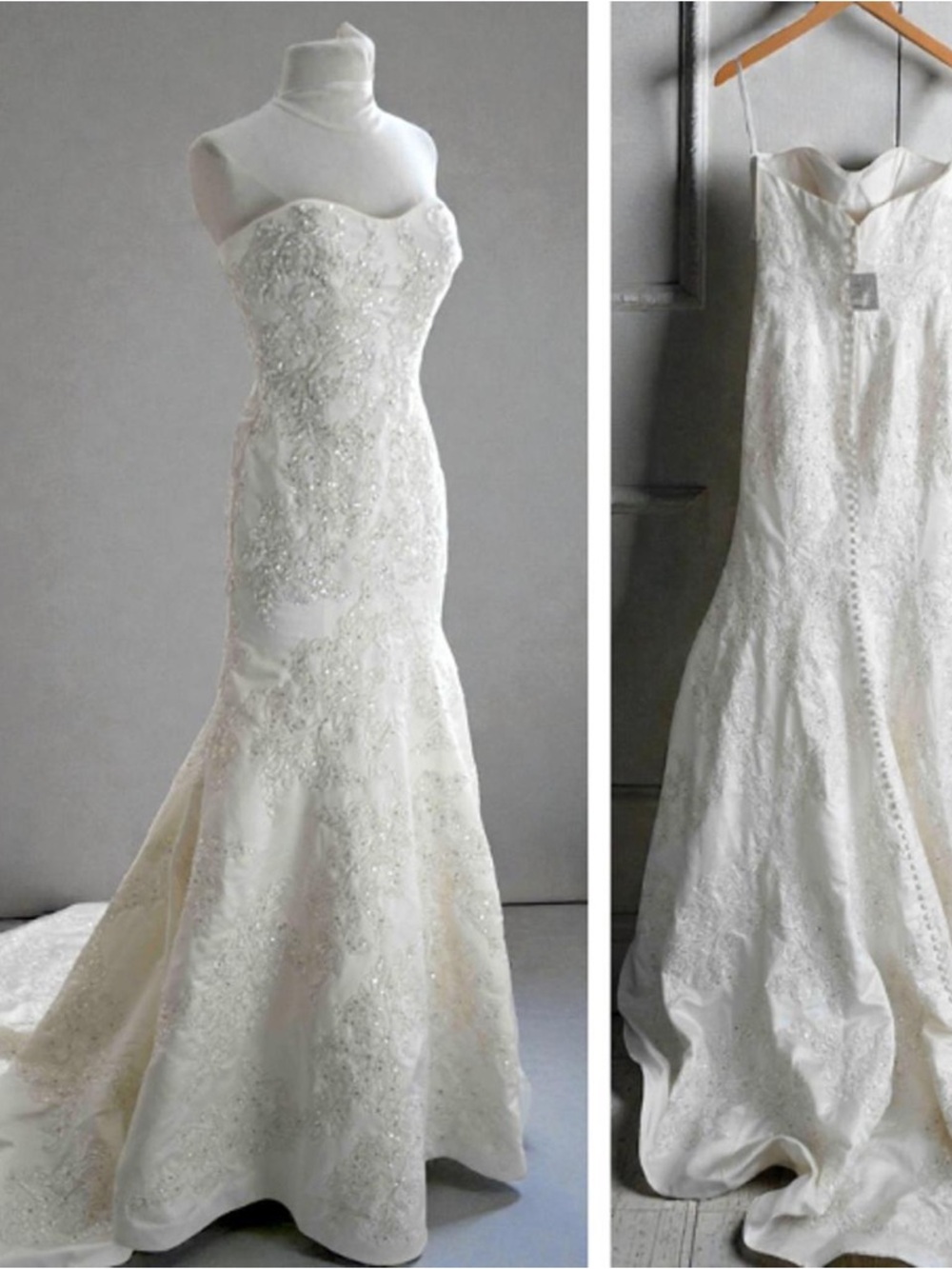 Oleg Cassini Elegant Ivory Beaded Strapless Mermaid Wedding Gown